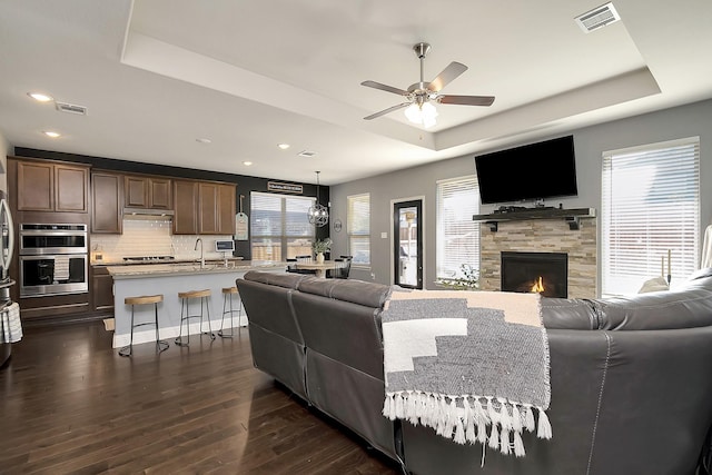 living room with dark wood-type flooring, plenty of natural light, and a raised ceiling