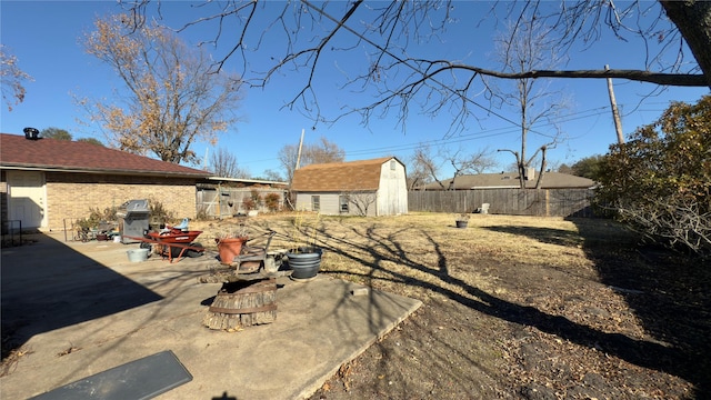 view of yard featuring a patio area and a storage unit