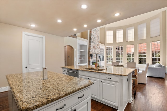 kitchen featuring sink, white cabinets, light stone counters, built in shelves, and a center island with sink