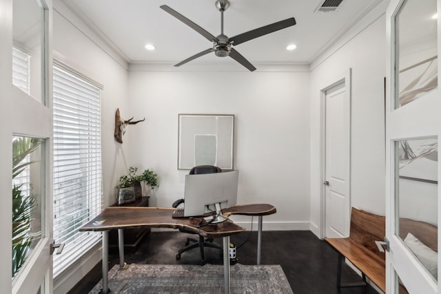 office space with ceiling fan and ornamental molding