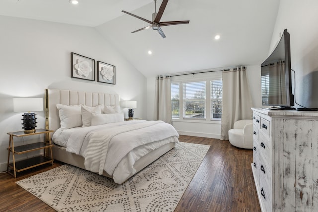 bedroom featuring lofted ceiling, dark wood-type flooring, and ceiling fan