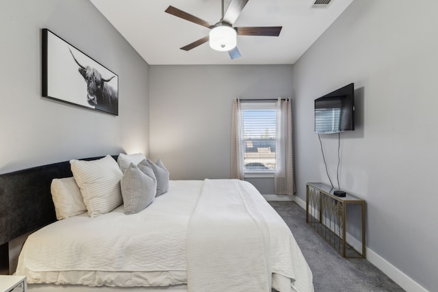 bedroom featuring ceiling fan and carpet flooring