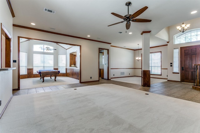 tiled entrance foyer with billiards, visible vents, carpet floors, recessed lighting, and ceiling fan with notable chandelier