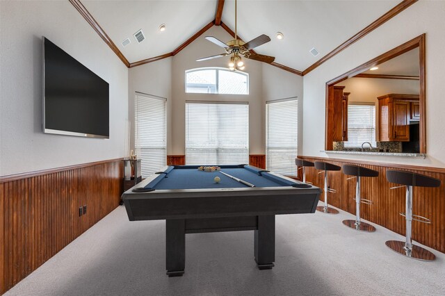 recreation room with crown molding, wooden walls, carpet floors, and wainscoting