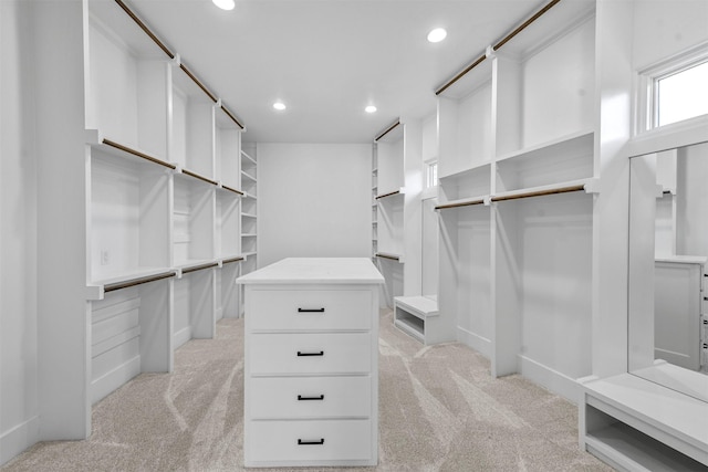 spacious closet featuring light colored carpet