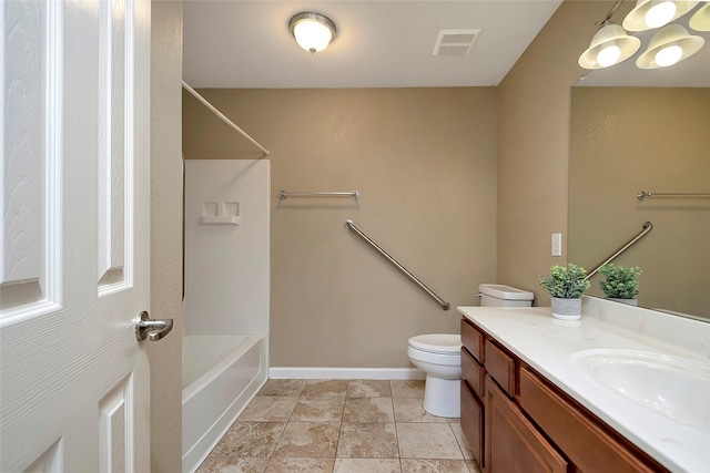 full bathroom with vanity,  shower combination, and toilet