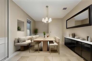 tiled dining area featuring a notable chandelier