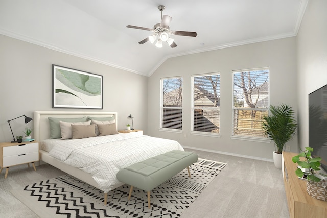 bedroom featuring light colored carpet, crown molding, baseboards, and multiple windows