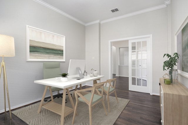 office area featuring baseboards, visible vents, dark wood finished floors, and ornamental molding