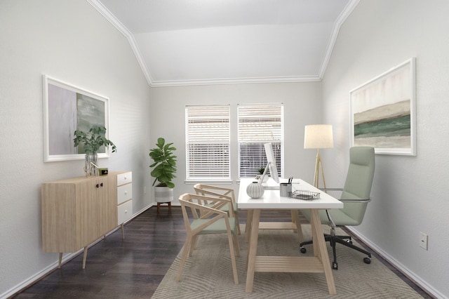 office area with vaulted ceiling, ornamental molding, dark wood-type flooring, and baseboards