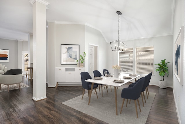 dining room featuring baseboards, ornamental molding, and dark wood-type flooring