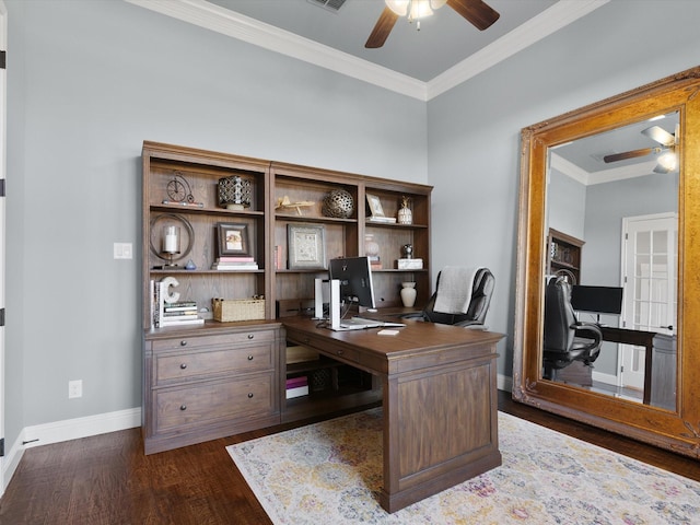 office space with crown molding, dark hardwood / wood-style floors, and ceiling fan