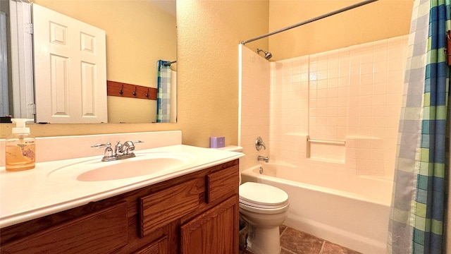 full bathroom with tile patterned floors, toilet, vanity, and shower / bath combination with curtain