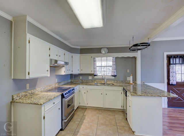 kitchen featuring kitchen peninsula, sink, white cabinetry, light stone countertops, and stainless steel appliances