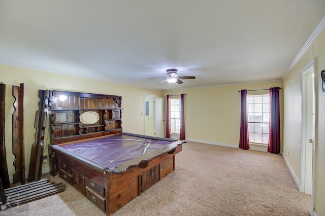 game room featuring crown molding, ceiling fan, billiards, and light carpet