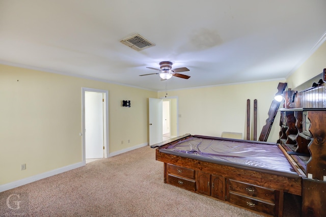 game room featuring ceiling fan, light colored carpet, billiards, and crown molding