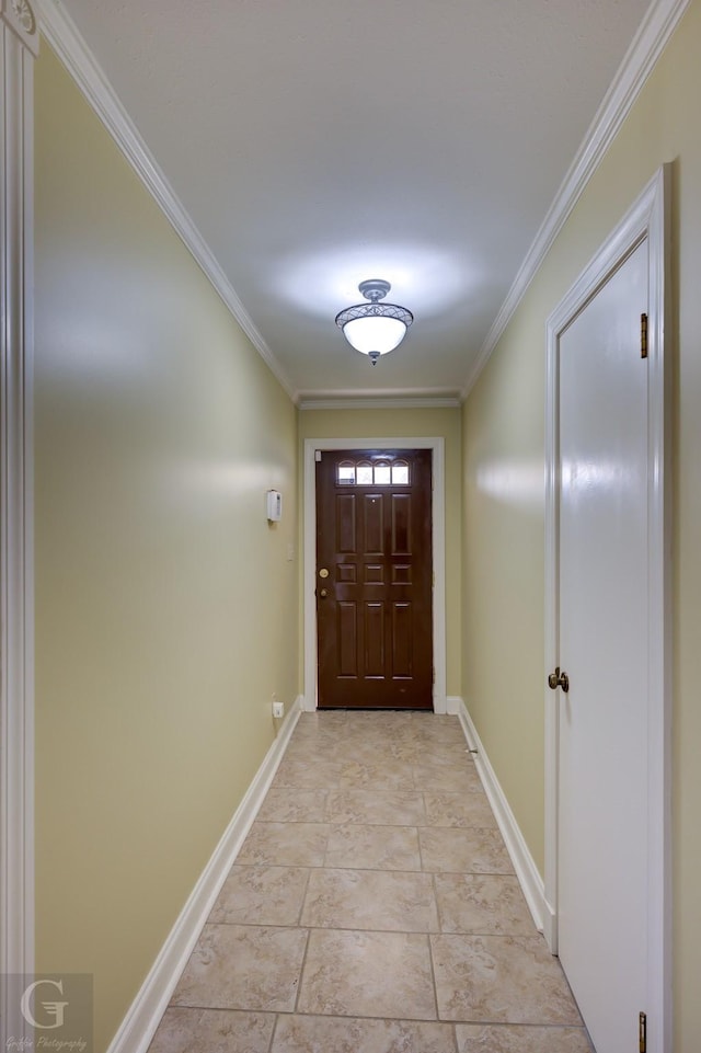 doorway to outside with ornamental molding