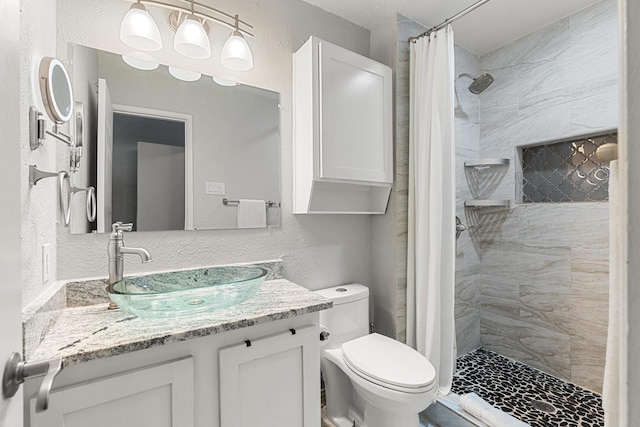 bathroom featuring toilet, vanity, and walk in shower