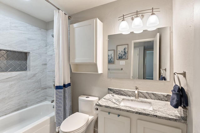 full bathroom featuring vanity, toilet, and shower / tub combo with curtain