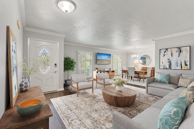 living room featuring crown molding, a textured ceiling, and dark hardwood / wood-style flooring