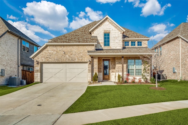 view of front of house featuring covered porch, cooling unit, a front lawn, and a garage