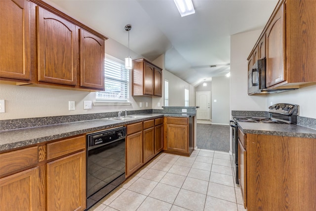 kitchen with pendant lighting, sink, black dishwasher, light tile patterned floors, and electric range