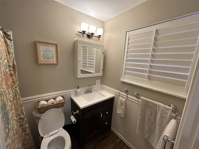 bathroom featuring vanity, hardwood / wood-style floors, and toilet