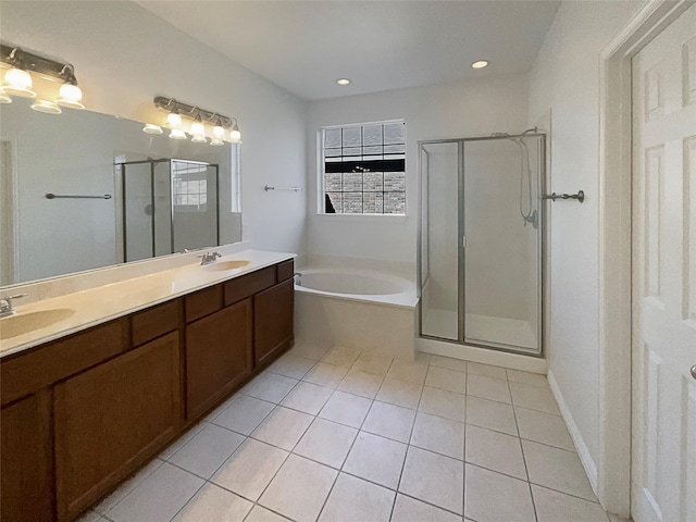 bathroom with shower with separate bathtub and tile patterned flooring