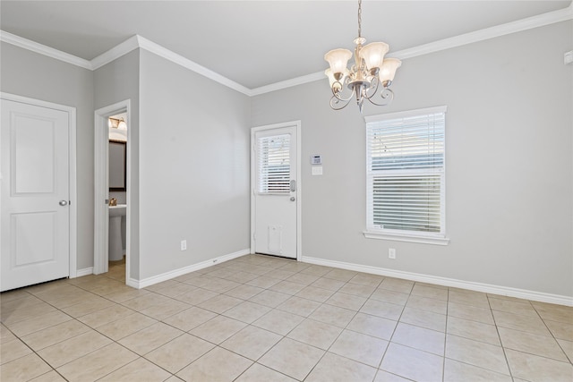 interior space with plenty of natural light, a chandelier, and ornamental molding