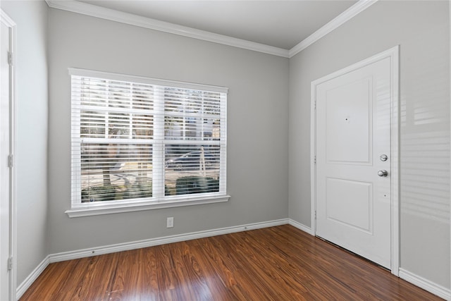 entryway featuring ornamental molding, a wealth of natural light, dark wood-style flooring, and baseboards