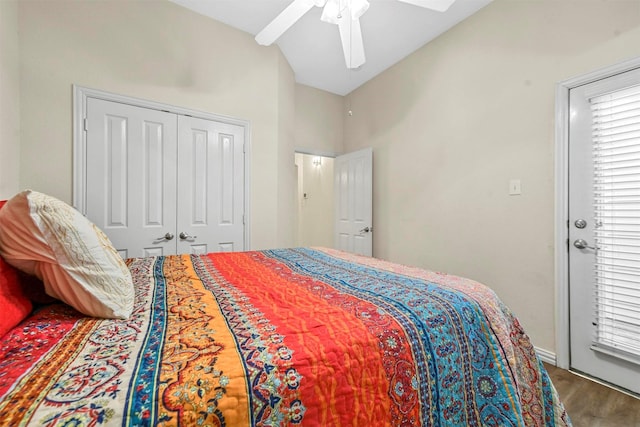 bedroom with hardwood / wood-style flooring, a closet, and ceiling fan