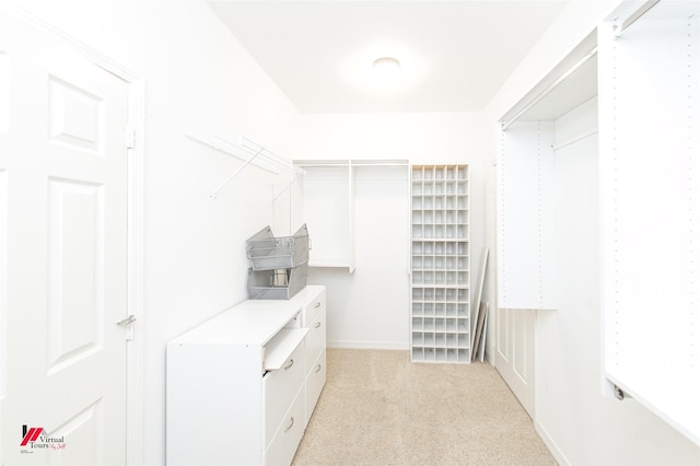 walk in closet with light colored carpet