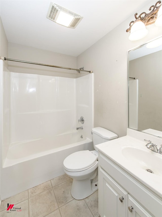 full bathroom featuring vanity, toilet, bathtub / shower combination, and tile patterned floors