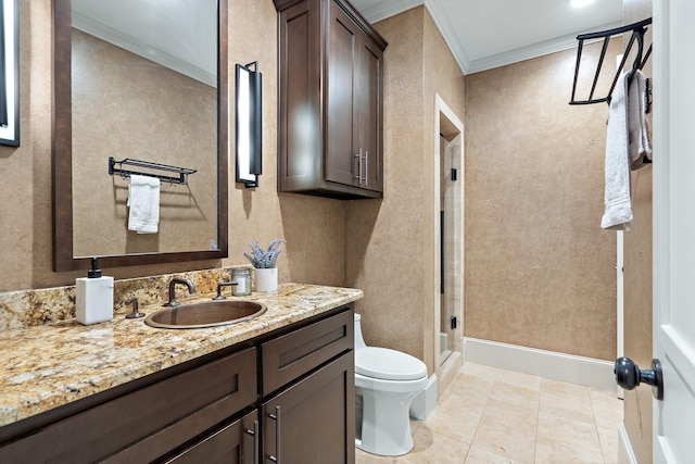 bathroom featuring toilet, a shower, tile patterned flooring, ornamental molding, and vanity