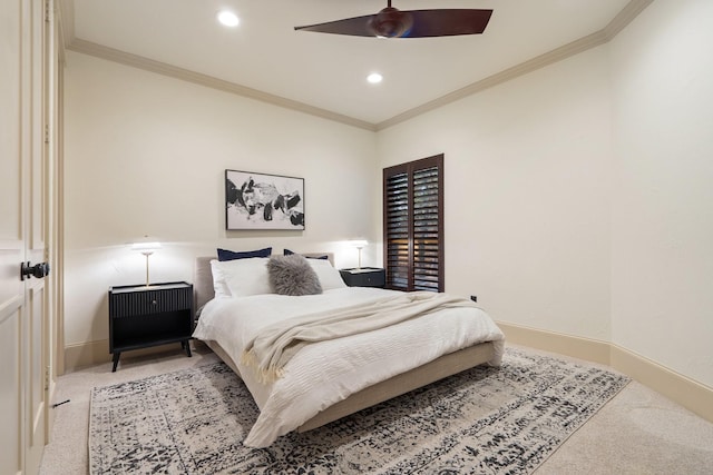 bedroom featuring light carpet, ceiling fan, and crown molding