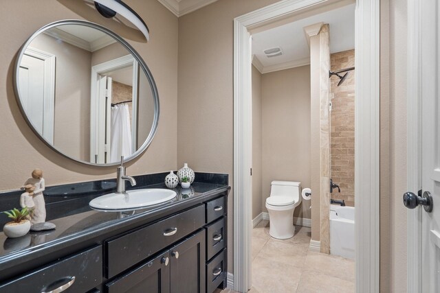 full bathroom featuring toilet, tile patterned floors, shower / bathtub combination with curtain, and ornamental molding