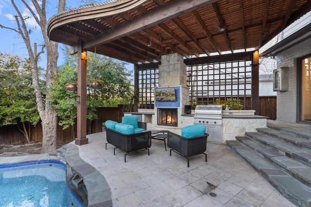 view of patio / terrace featuring an outdoor kitchen, an outdoor living space with a fireplace, a pergola, and area for grilling