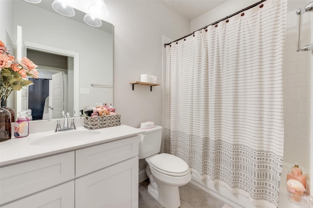 full bathroom with toilet, shower / bath combination with curtain, tile patterned floors, and vanity