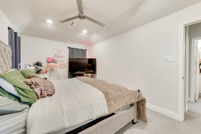 bedroom featuring ceiling fan and light colored carpet