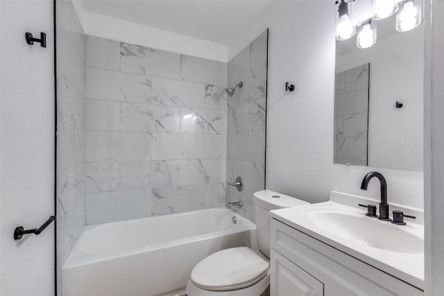 full bathroom featuring shower / bathtub combination, toilet, vanity, and a textured wall