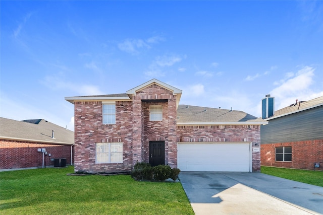 view of front property with central AC unit, a garage, and a front lawn