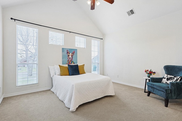 bedroom with visible vents, carpet flooring, ceiling fan, high vaulted ceiling, and baseboards