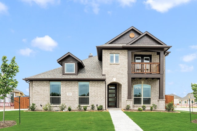view of front of property with a front lawn, fence, a balcony, brick siding, and a shingled roof