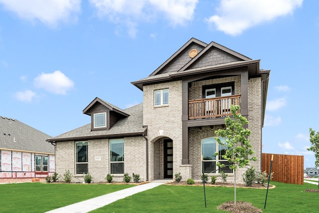 craftsman inspired home featuring brick siding, fence, a balcony, and a front yard