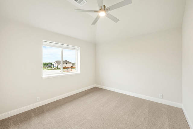 empty room featuring visible vents, baseboards, ceiling fan, and light carpet