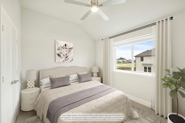 4601 Nomad Dr, Midlothian, TX 76065 - bedroom featuring baseboards, lofted ceiling, and ceiling fan