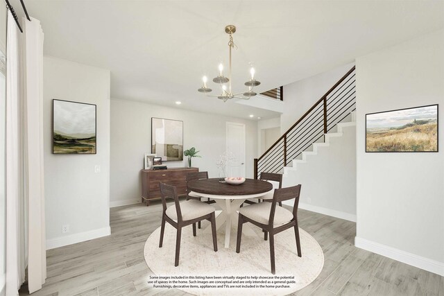 4601 Nomad Dr, Midlothian, TX 76065 - dining room featuring a chandelier, light wood-type flooring, stairway, baseboards, and recessed lighting