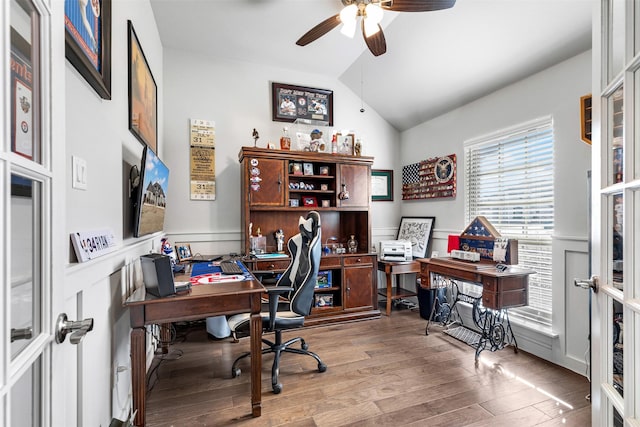 office with ceiling fan, vaulted ceiling, and light hardwood / wood-style floors