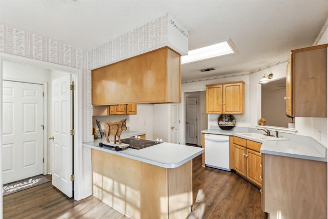 kitchen with sink, a textured ceiling, dark hardwood / wood-style floors, white dishwasher, and kitchen peninsula