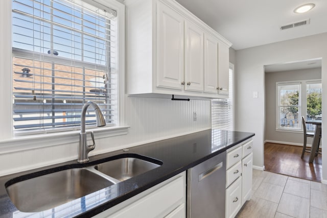 kitchen featuring white cabinetry, sink, stainless steel dishwasher, and dark stone counters